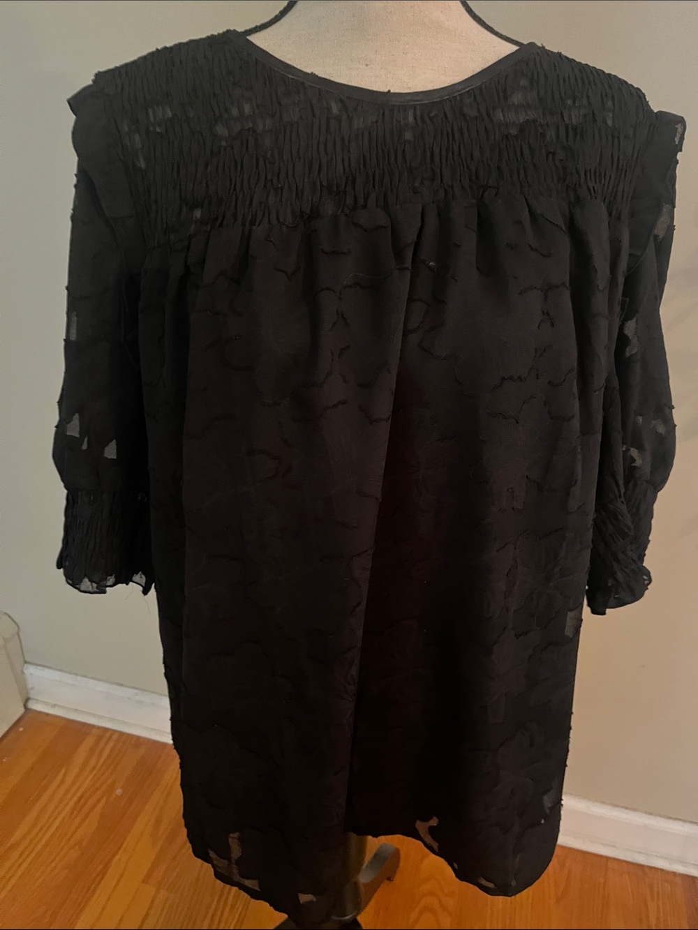 Black Textured Smocked Yoke Blouse